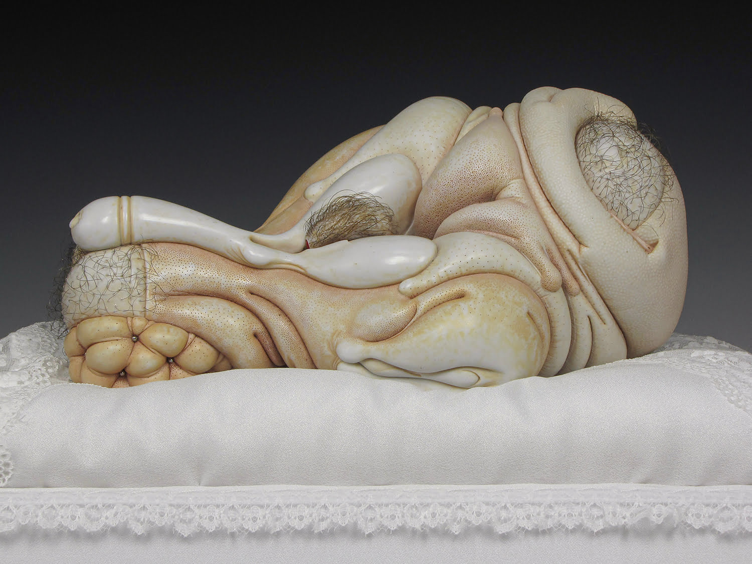 Jason Briggs "Angel" (alternate view). Porcelain, hair, and mixed media sculptural ceramic art.