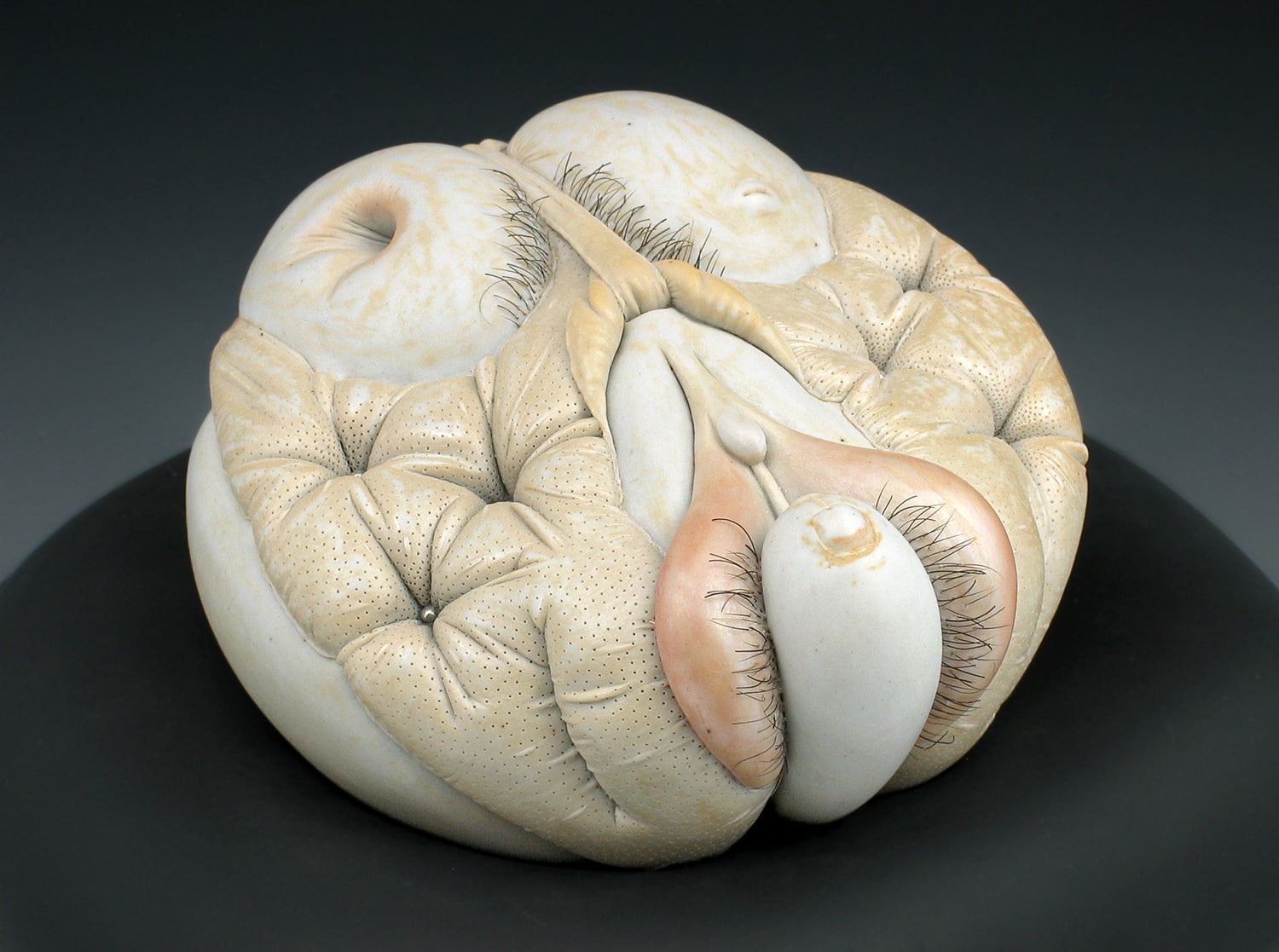 Jason Briggs "Squirt". Porcelian, hair, and mixed media. Sculptural ceramic art object.