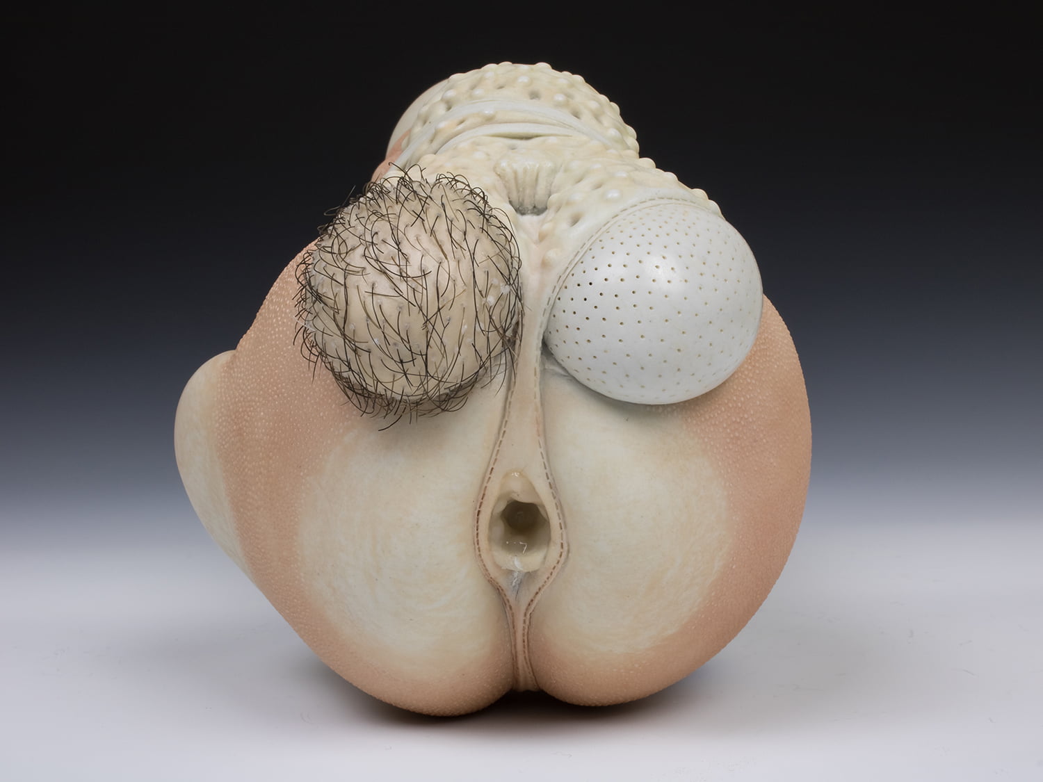 Jason Briggs "Strut" (alternate view). porcelain, hair, and mixed media sculpture ceramics.